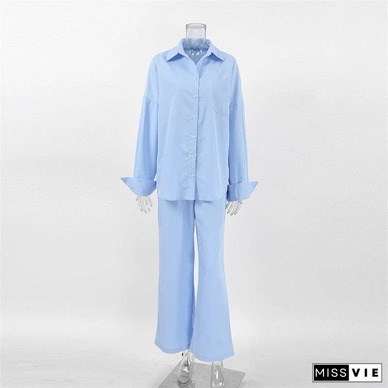 Casual Solid Color Shirt and Pants Ensemble