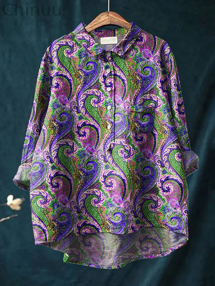 Women's Retro Geometry  Art Print Casual Cotton And Linen Shirt