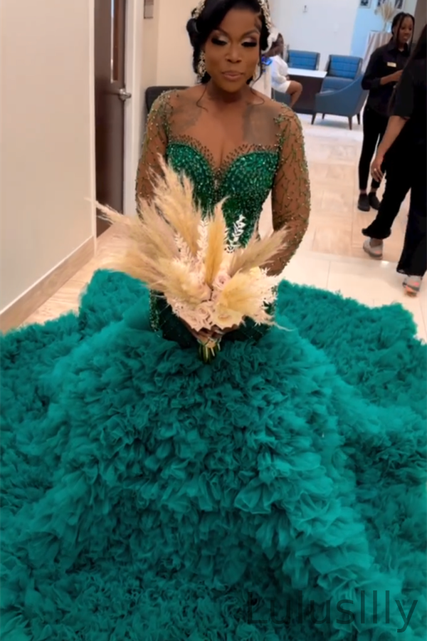 Modern Dark Green Long Sleeves Evening Dress Mermaid Beadings With Detachable Ruffle Skirt - lulusllly