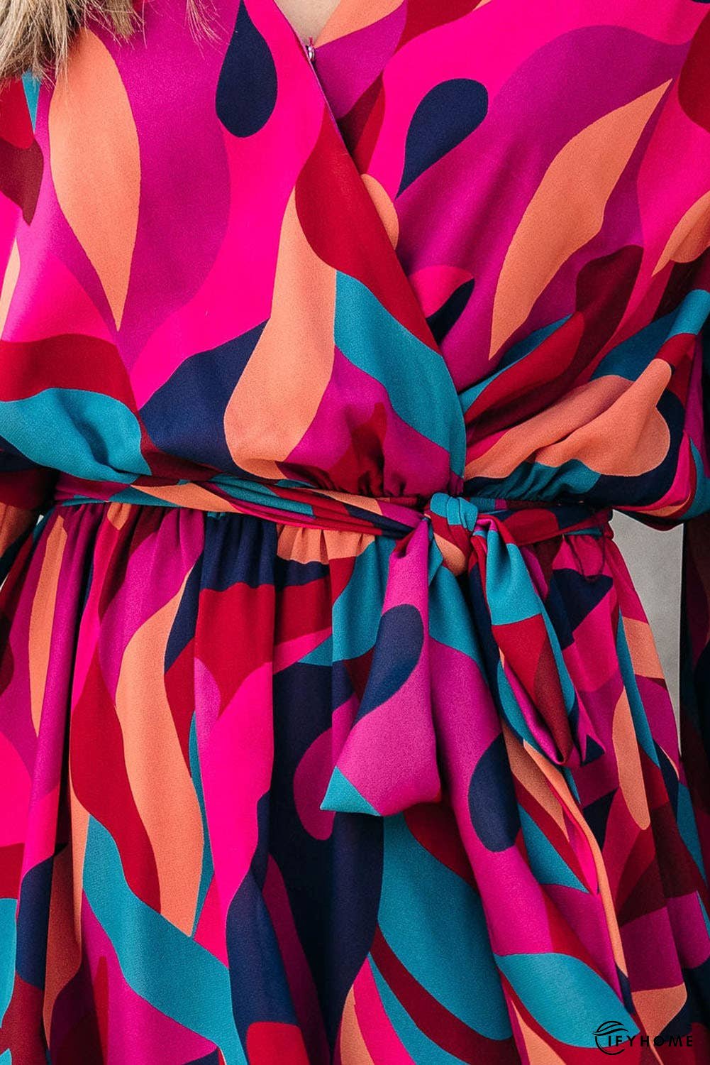 Abstract Printed Belted Puff Sleeve Mini Dress | IFYHOME