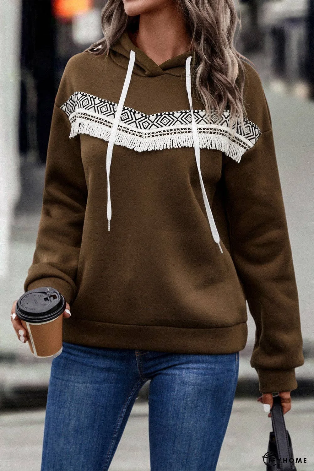 Contrast Fringe Detail Dropped Shoulder Hoodie | IFYHOME