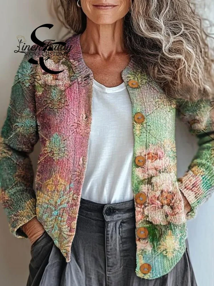 Women's Vintage Lovely Floral Art Print Buttoned Cardigan Sweater