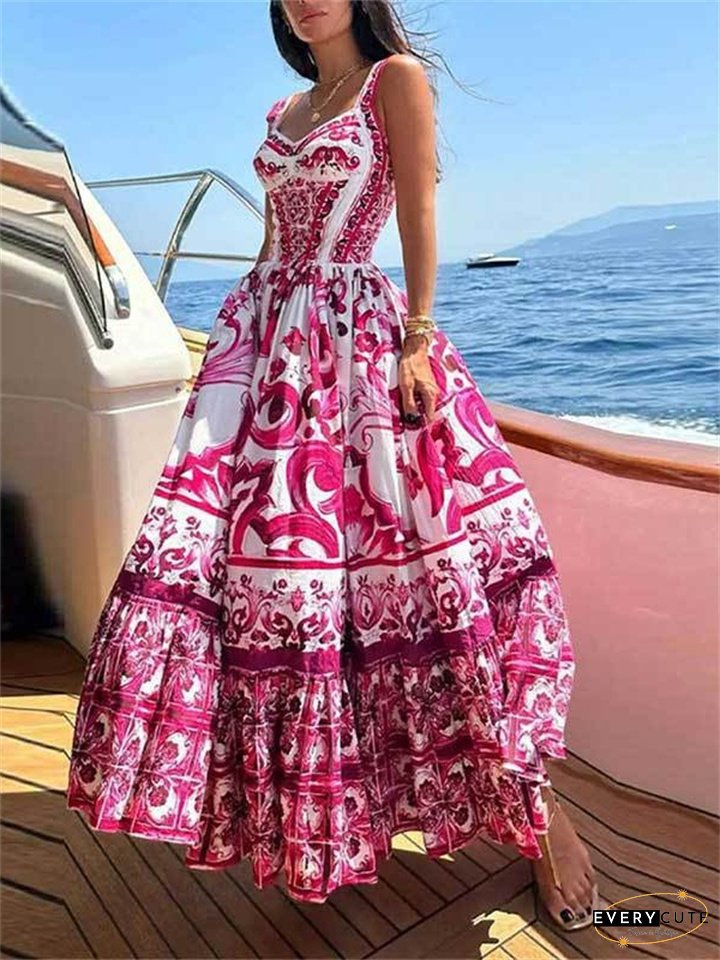 Women's New Bohemian Wind in The Middle of The Long Section of The Large Swing Printed Halter Dresses
