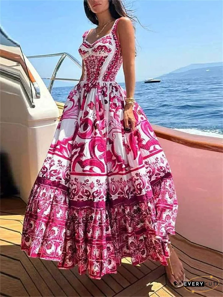 Women's New Bohemian Wind in The Middle of The Long Section of The Large Swing Printed Halter Dresses