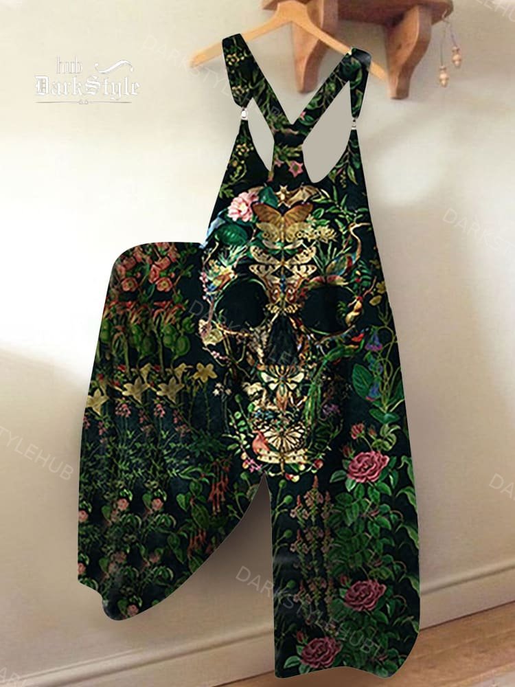 Women's Green Skull Flower Print Baggy Suspenders Jumpsuit