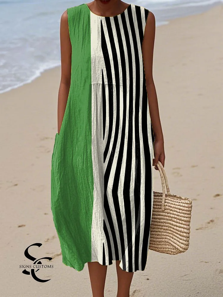 Women's Vintage Abstract Geometry  Art Print Sleeveless Cotton Pocket Wrap Dress