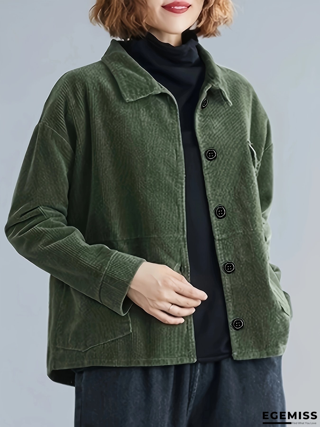 [Green Corduroy Jacket] Elegant Green Corduroy Jacket for Women | Notch Lapel Collar, Button-Up Long Sleeve Outerwear | Casual Chic Style for Spring Summer Fall | EGEMISS