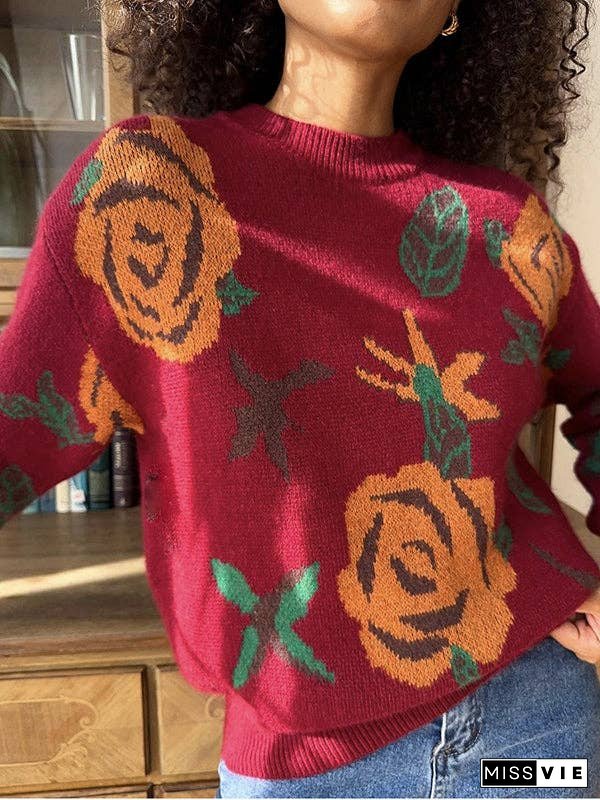 Long Sleeves Loose Flower Print Round-Neck Pullovers Sweater Tops