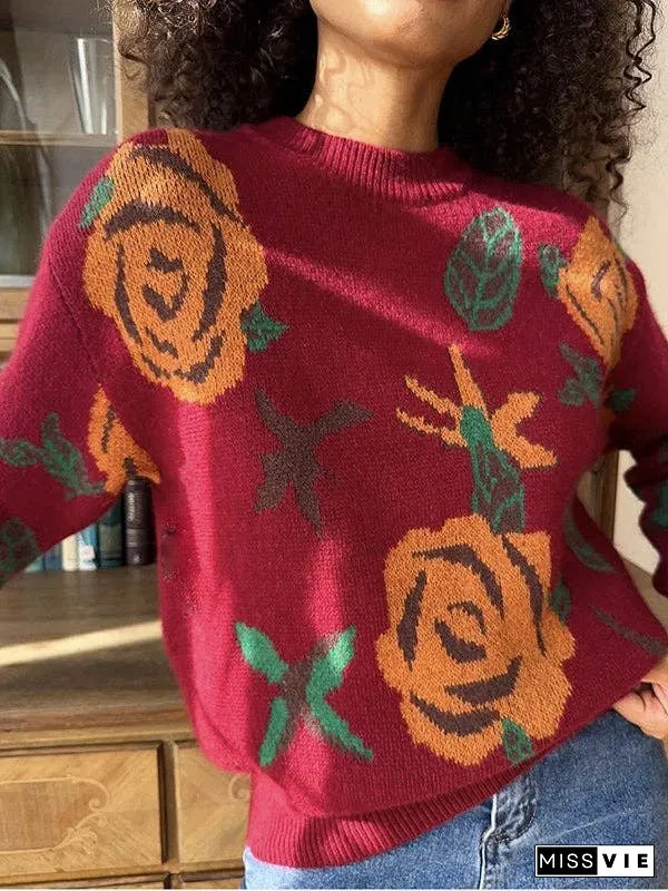 Long Sleeves Loose Flower Print Round-Neck Pullovers Sweater Tops