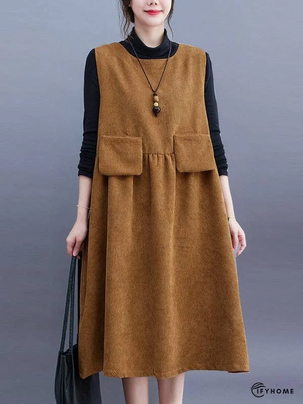 Artistic Retro Loose Sleeveless Solid Color Round-Neck Midi Dresses | IFYHOME