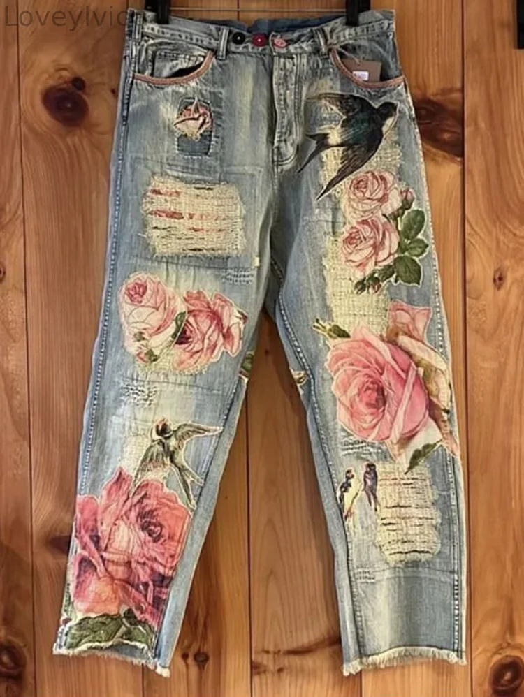 Casual Denim Floral Ripped Raw Trim Straight Leg Jeans