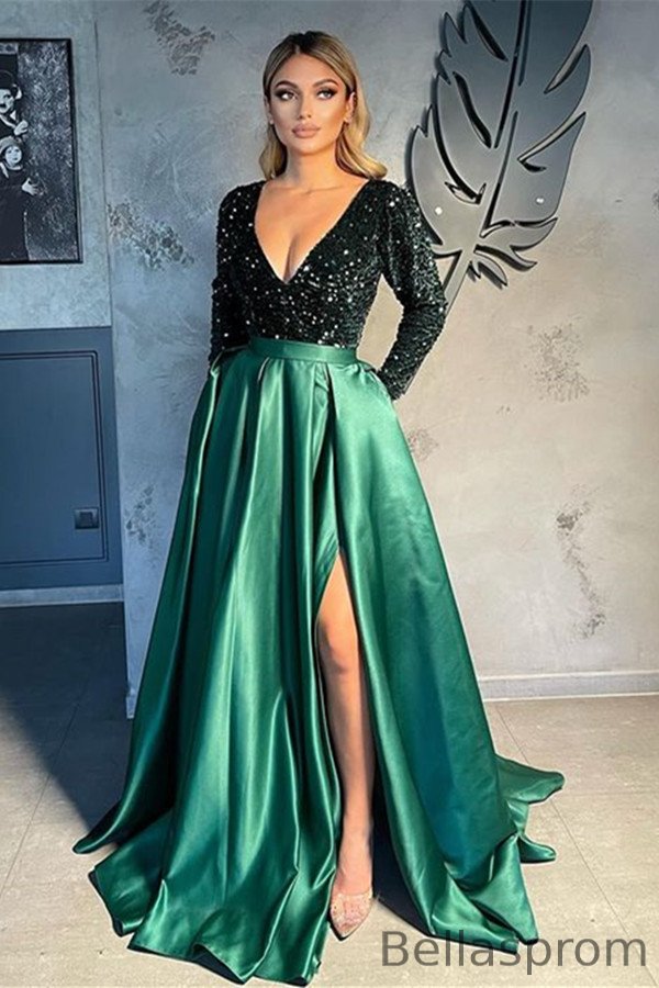 Bellasprom V-Neck Evening Dress Sequins Party Gowns With Slit Long Sleeves Bellasprom