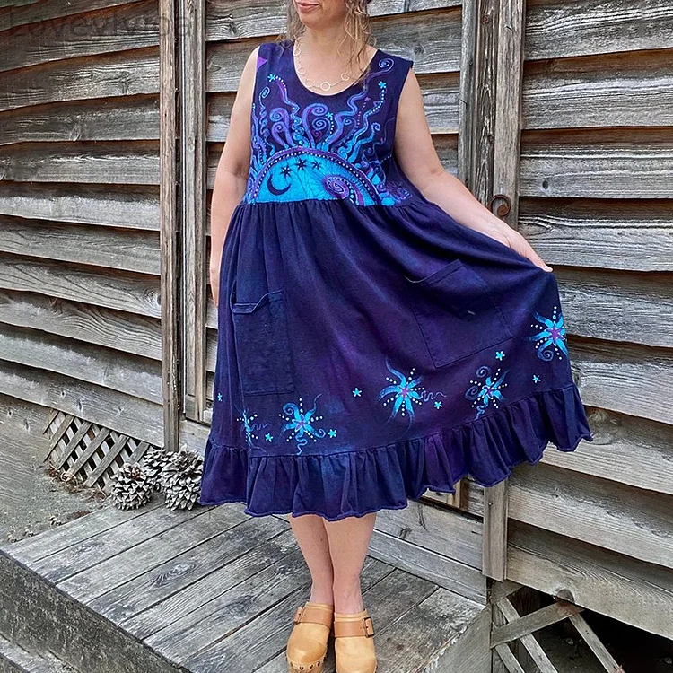 Mystic Moonlight With Turquoise Sunrise Pocket Midi Dress
