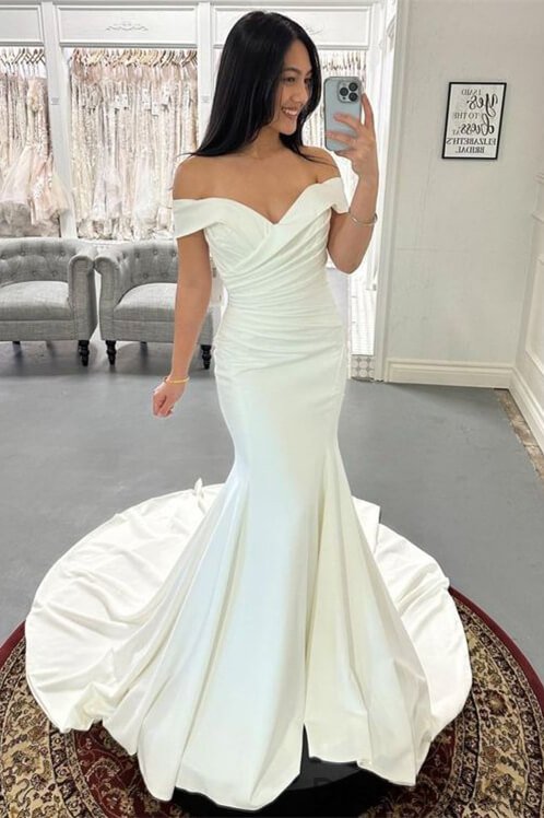 Dresseswow Off-the-Shoulder Sweetheart Satin Mermaid Wedding Dress With Zipper Button Back