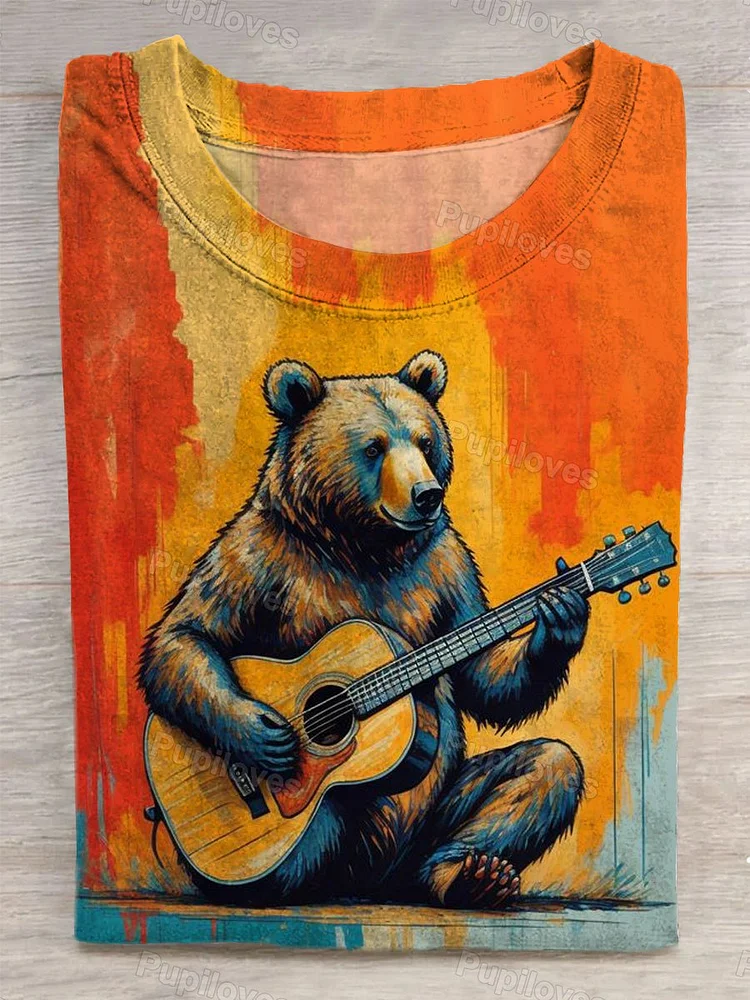 Pupiloves Pupiloves  Unisex Guitar Bear Abstract Print T-Shirt