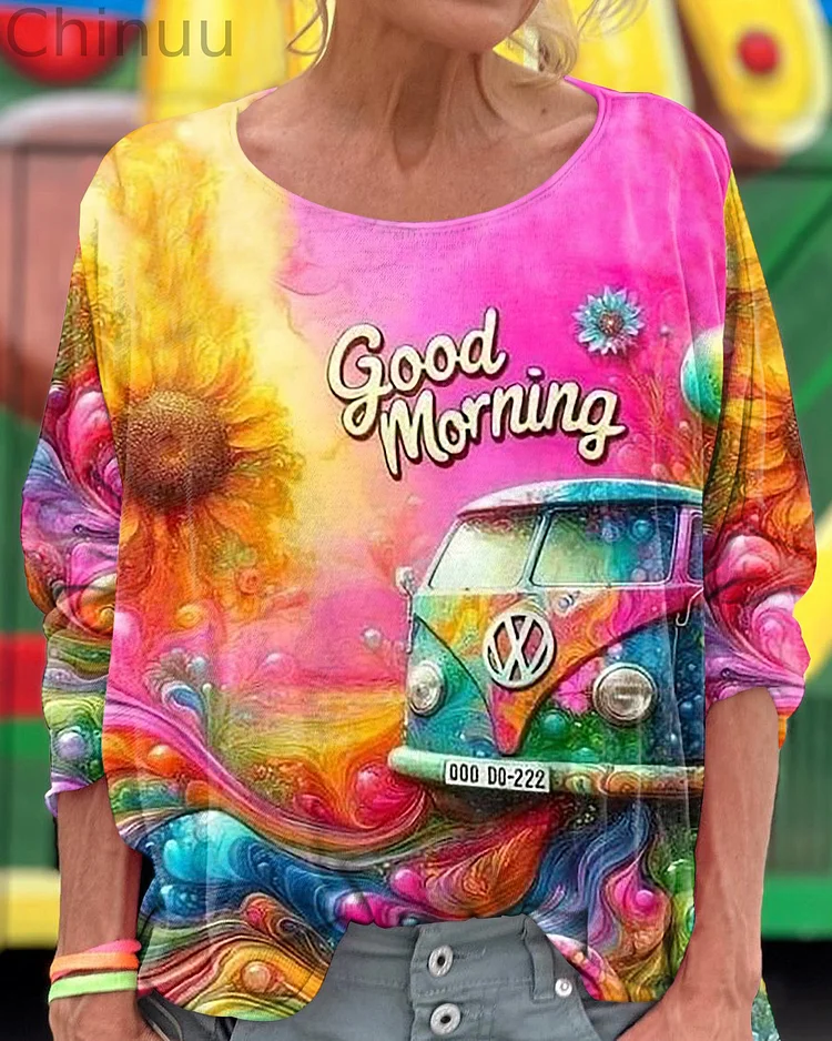Good Morning Hippie Van Print Loose Round Neck Women's Long Sleeve T-Shirt