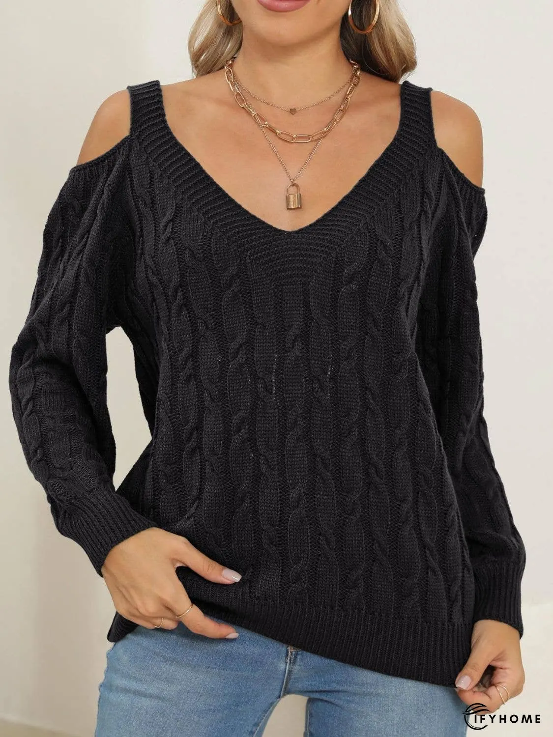 Cable-Knit V-Neck Long Sleeve Sweater | IFYHOME