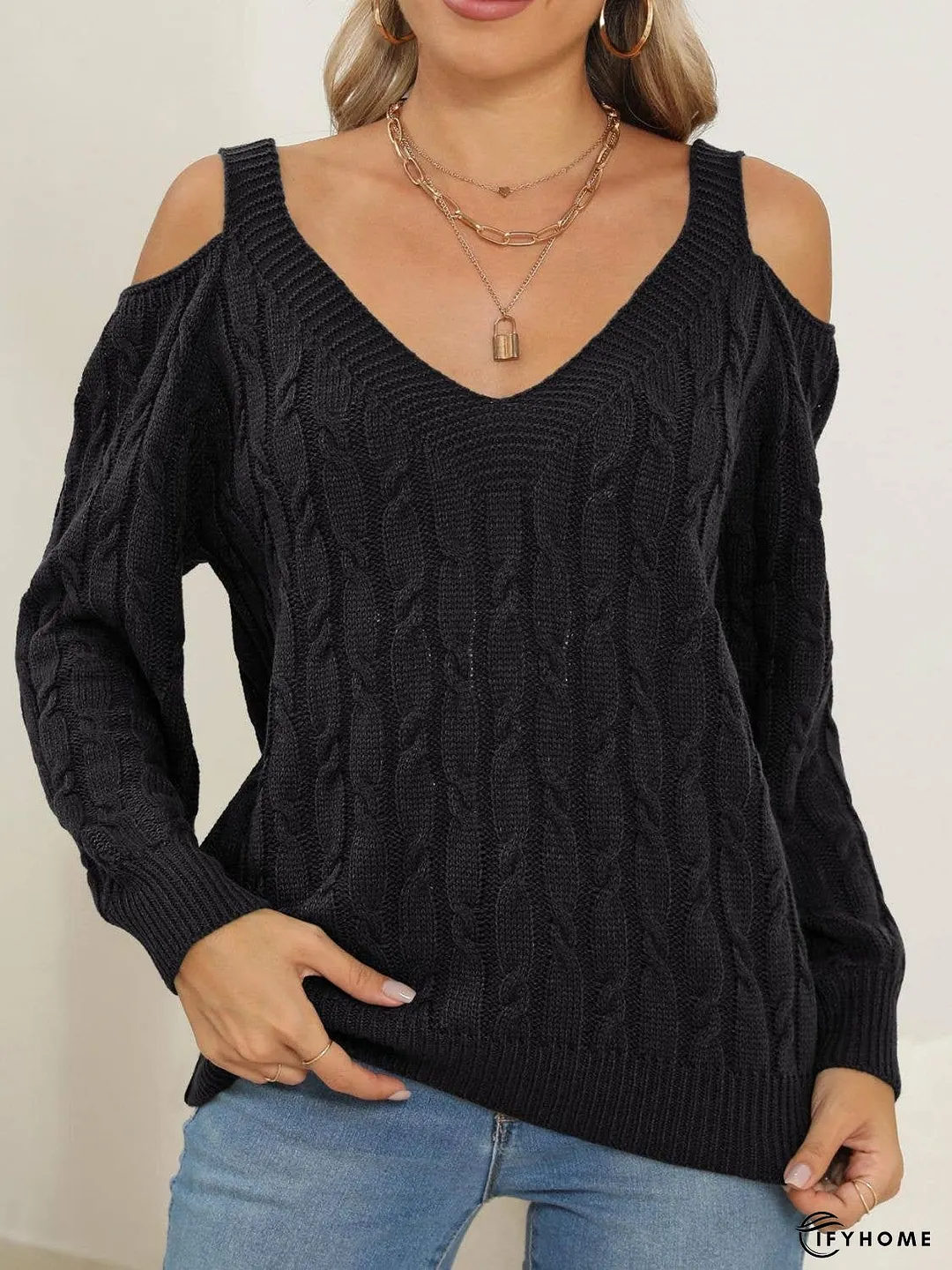 Cable-Knit V-Neck Long Sleeve Sweater | IFYHOME