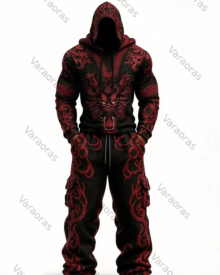 Men's Fashion Viking Contrast Color Embroidered Hoodie & Pants Two-Piece Set 4770