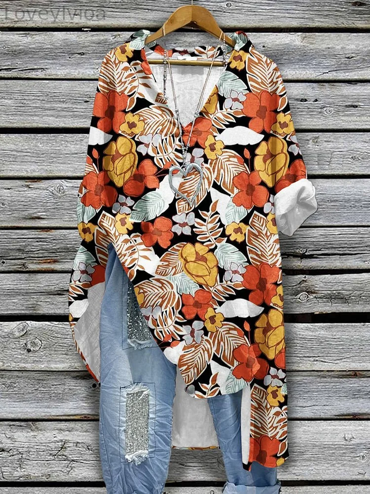 Women's Vintage Flowers Pattern Print Casual Cotton And Linen Shirtdress