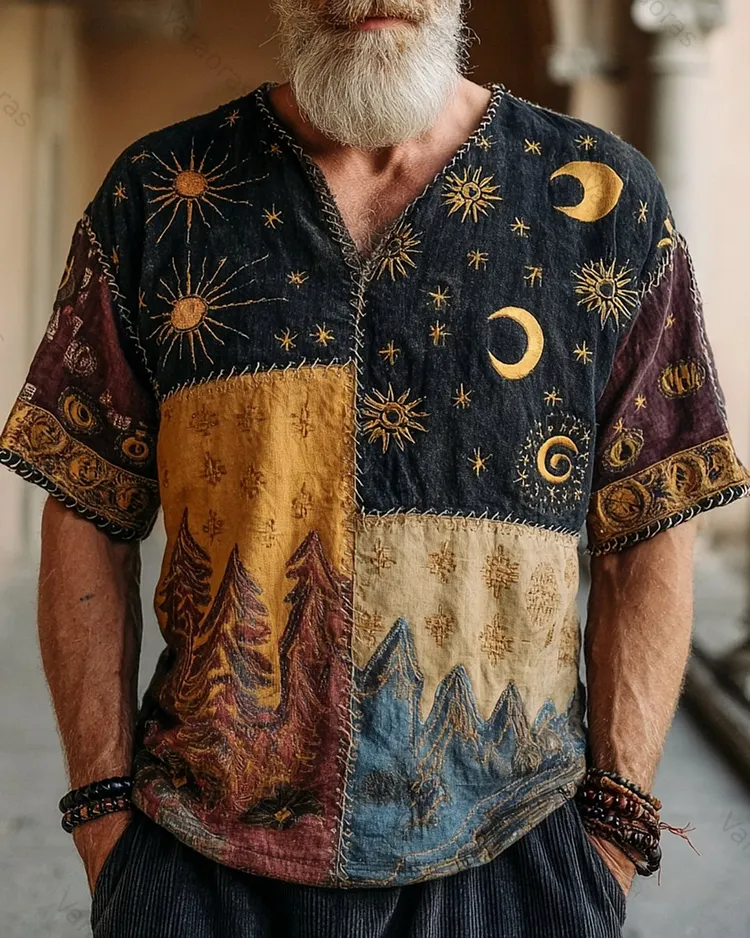 Men's Summer Fashion Star and Moon Embroidery Color blocking Linen T-Shirt 2551