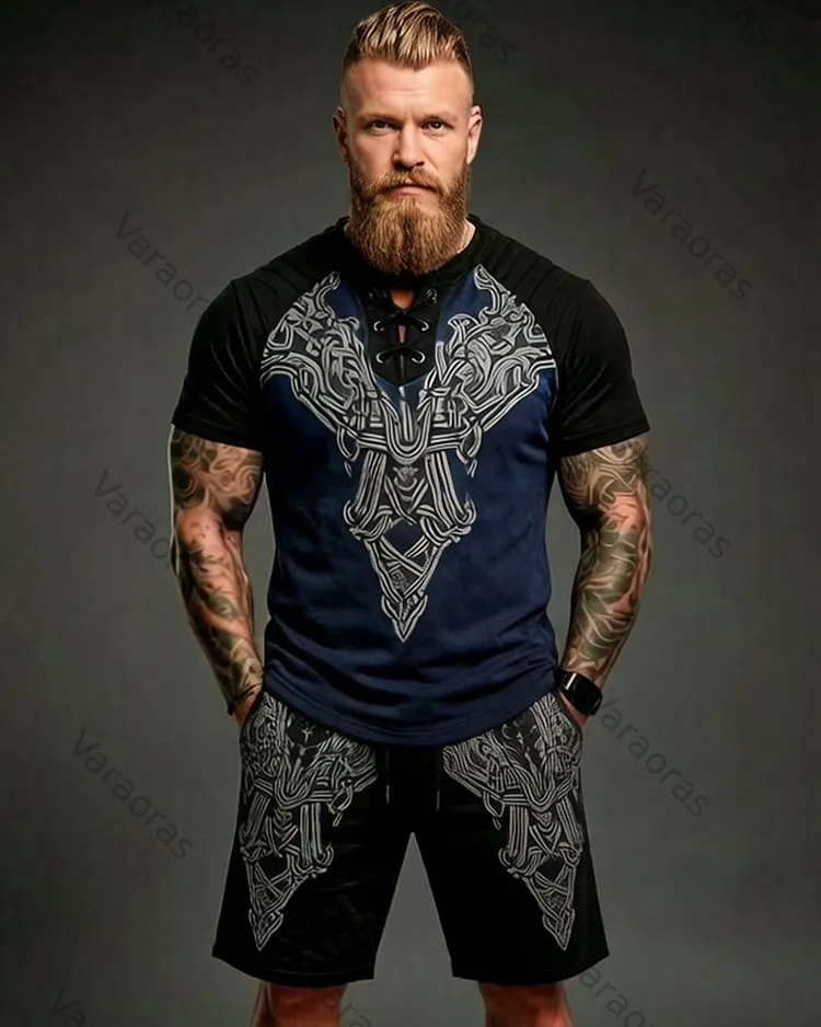 Men's Summer Fashion Viking Embroidered Cotton Linen Hooded Top and Pants Two-Piece Set 6253