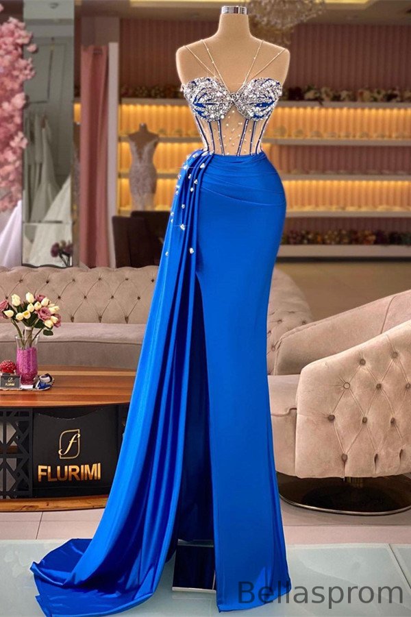Bellasprom Royal Blue Mermaid Prom Dresses Slit Long With Crystals Bellasprom