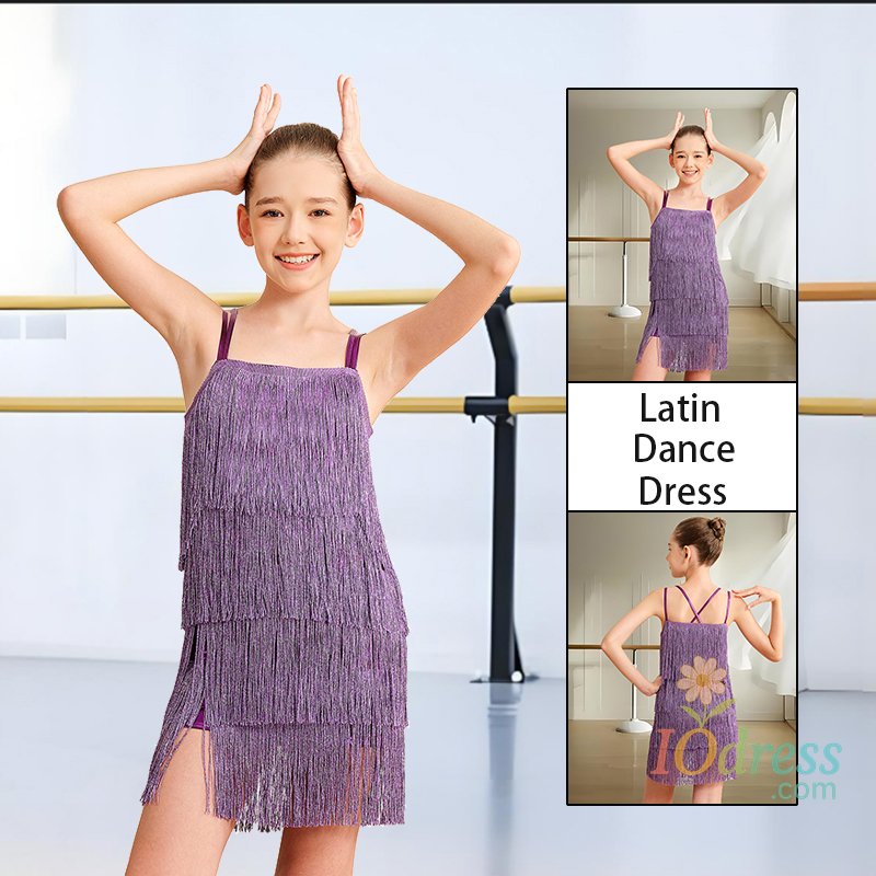 IO Dress Girls Classics Tassel Camisole Latin Jazz Dance Dress Sparkle Sequins Fringe Skirt with Double Crisscross Back and Soft Lining
