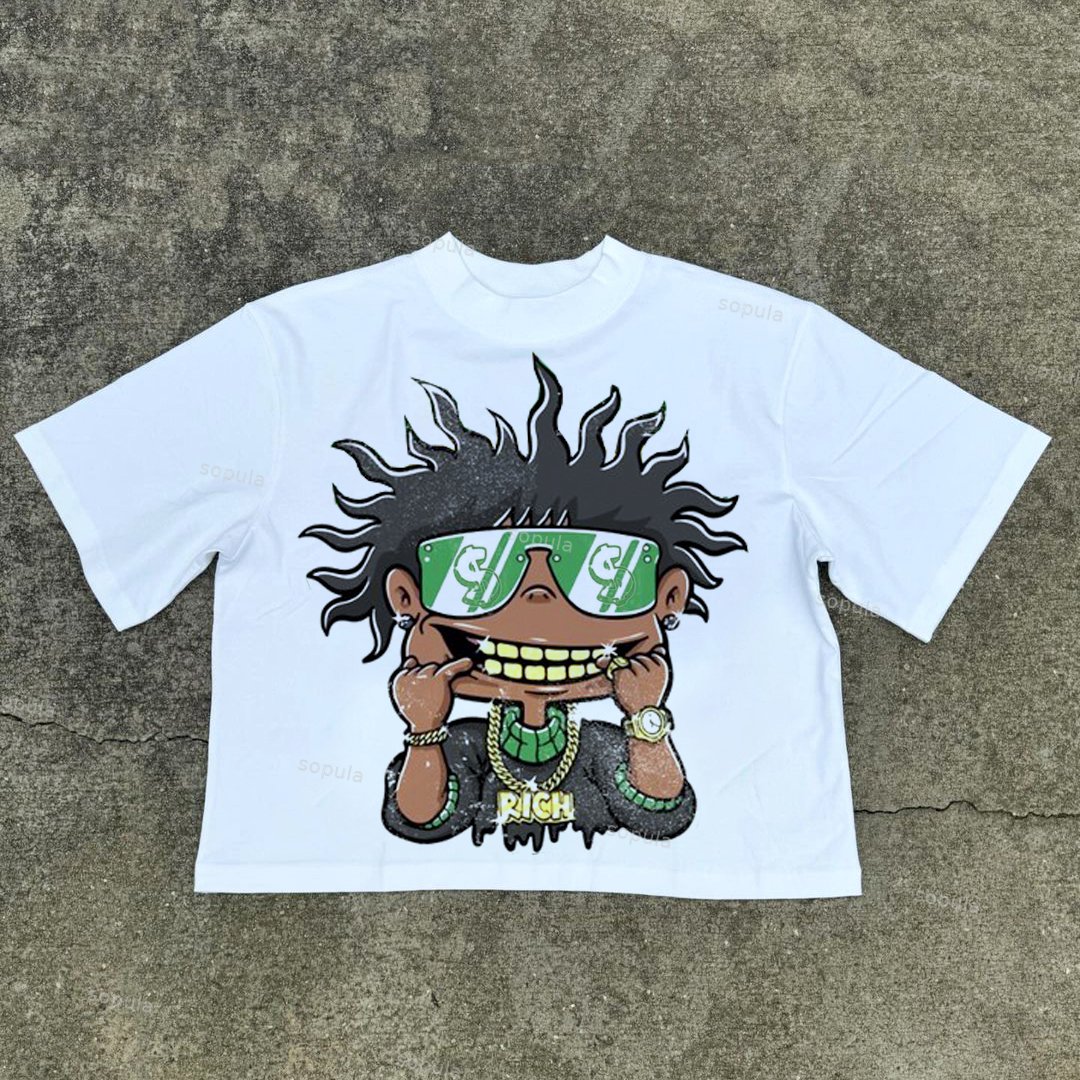 Sopula Fly Rich Big Face Graphic Cotton Cropped T-Shirt