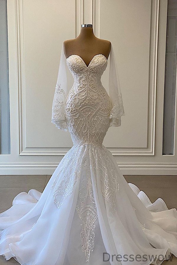 Dresseswow Sweetheart Strapless Lace Mermaid Wedding Dress With Pealss Beadings