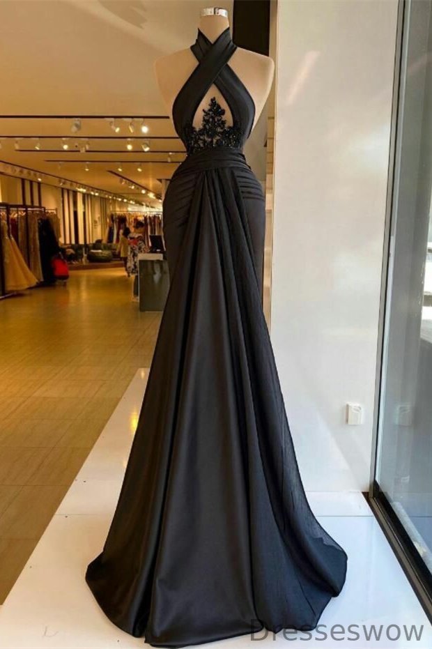 Dresseswow Black Halter Mermaid Prom Gown With Appliques On Sale Sleeveless