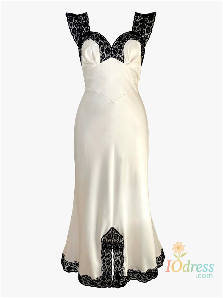 IO Dress Tossy Fashion Satin Lace Long Dress Women V-Neck Patchwork Hollow Out Sleeveless Lace-Up Dress Evening Female Autumn Maxi Dress