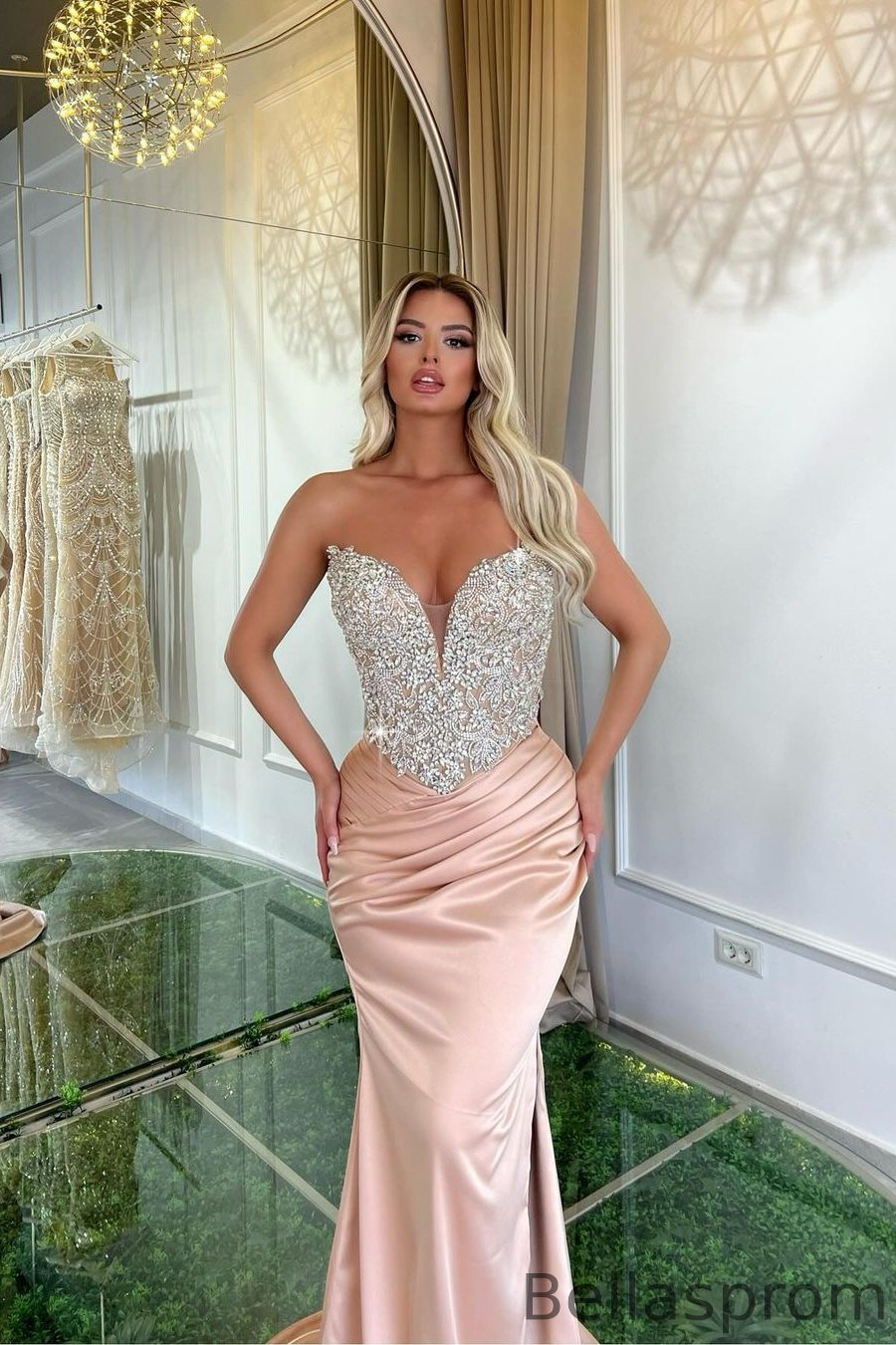 Bellasprom Champagne Sweetheart Sleeveless Mermaid Prom Dress With Beadings Crystals Bellasprom