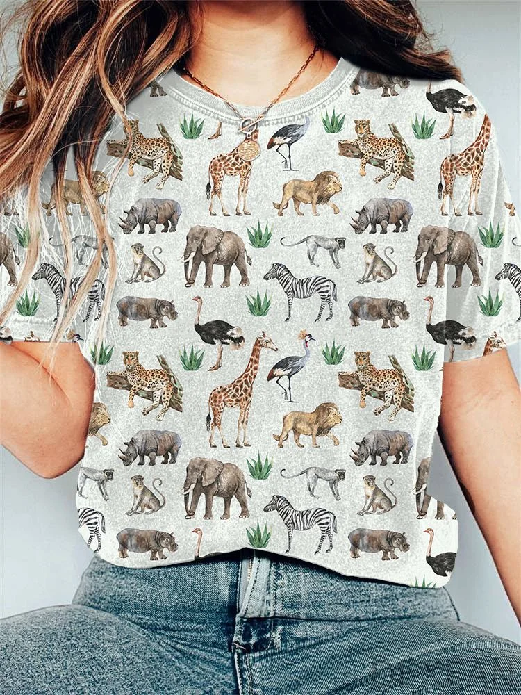 Watercolor Animals Print Casual Cotton T-shirt