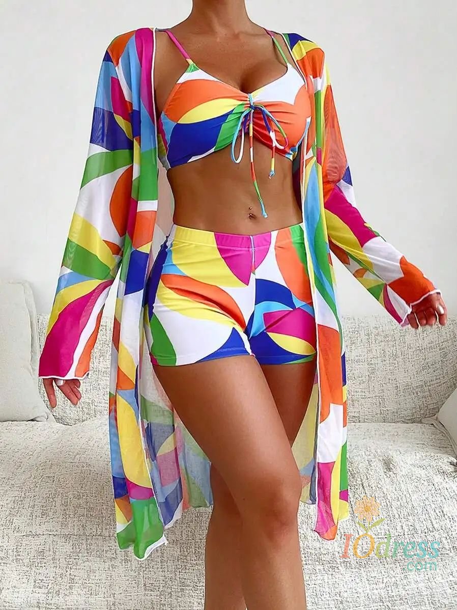 IO Dress 2025 Tropical Women's Swimsuit Print 3-Piece Bikini Set Mesh Cove Up Women High Waist Curvy Swimwear Beach Lady Bathing Suit