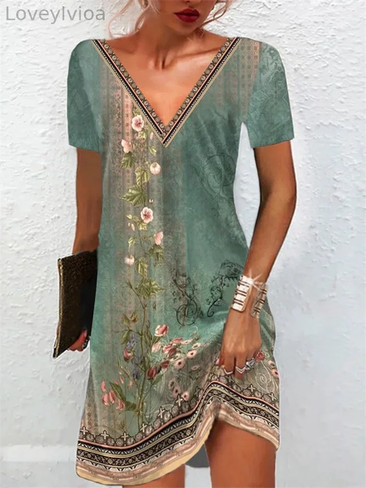 Spring and Summer Women's Literary Retro Botanical flowers  Plant Floral Print Casual V-neck Short-sleeved Dress