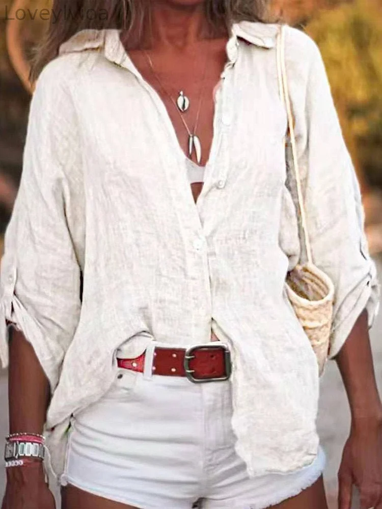 Women's Solid Color Cotton And Linen Loose Fit Shirt