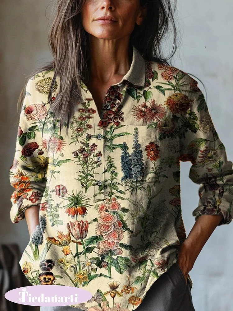 Women's Vintage Lovely Floral Art Print Casual Cotton And Linen Shirt