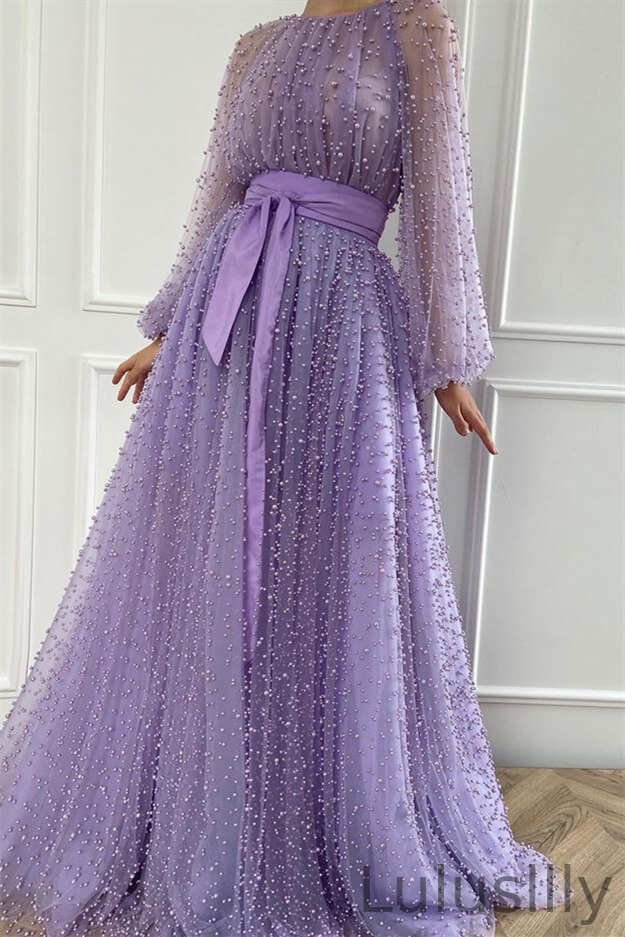 Gorgeous Long Sleeves Lilac Tulle Prom Dress Long With Pearls - lulusllly
