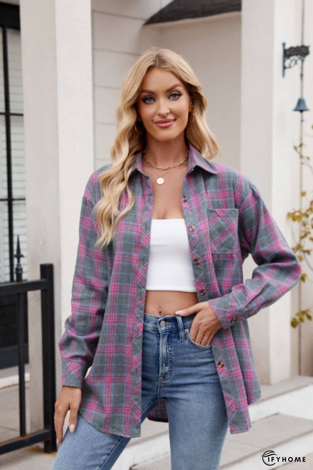 Pocketed Plaid Collared Neck Long Sleeve Shirt | IFYHOME