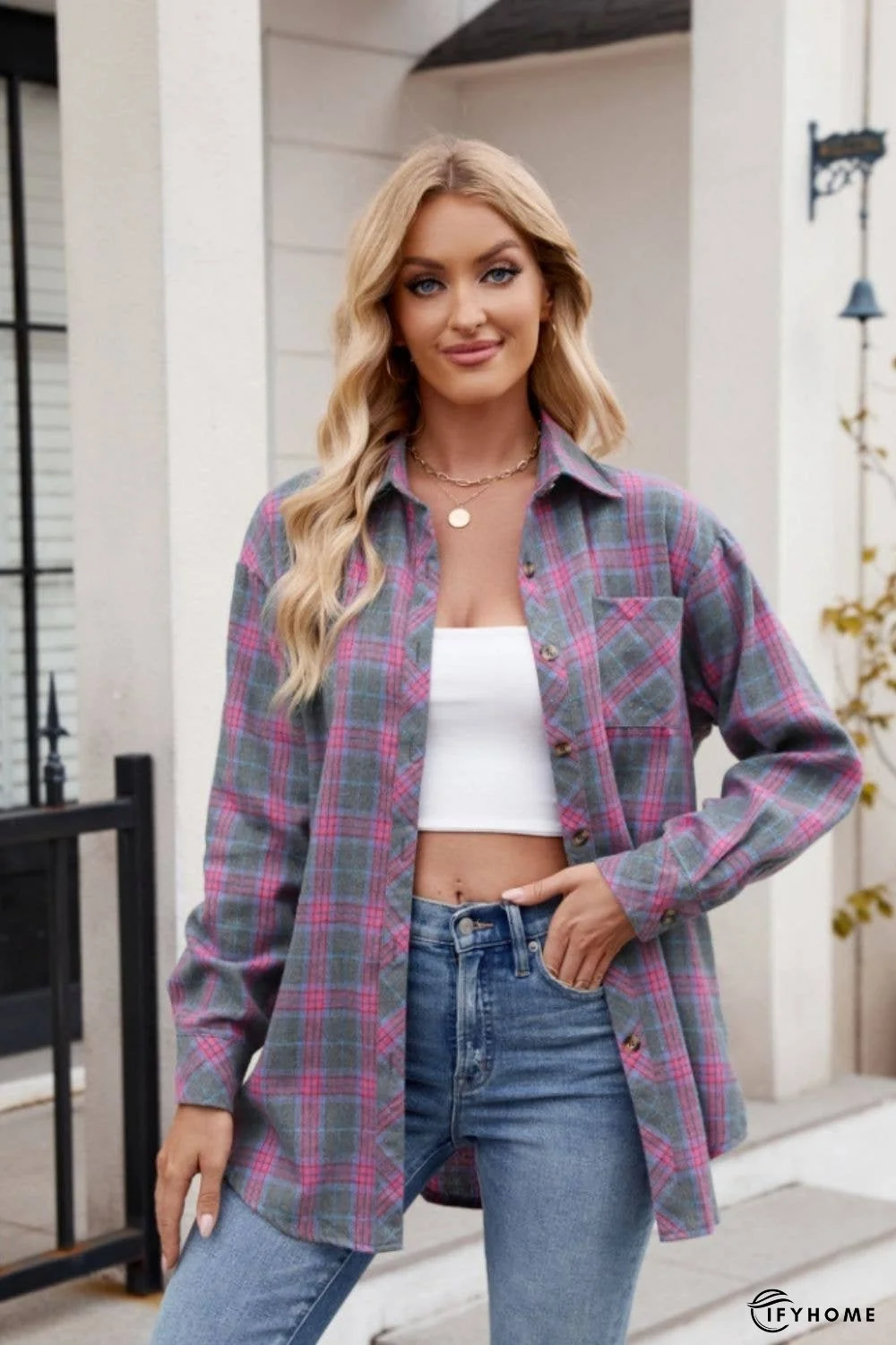 Pocketed Plaid Collared Neck Long Sleeve Shirt | IFYHOME