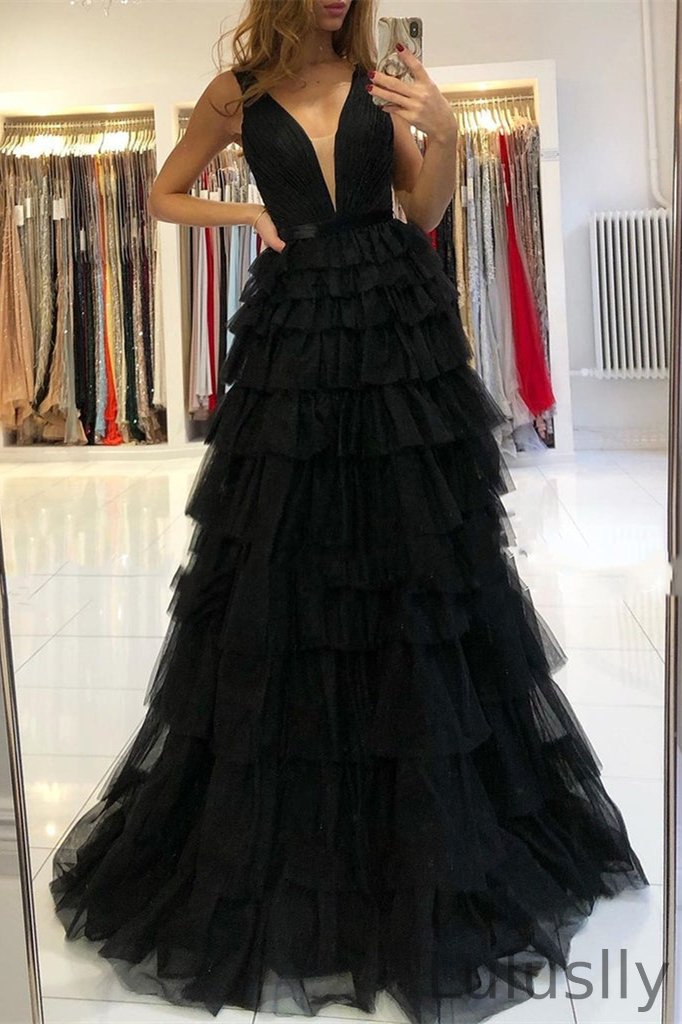 Luluslly Sleeveless Tulle Evening Dress Layered V-Neck