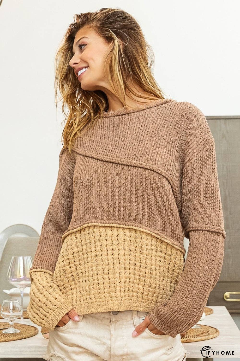 BiBi Texture Detail Contrast Drop Shoulder Sweater | IFYHOME