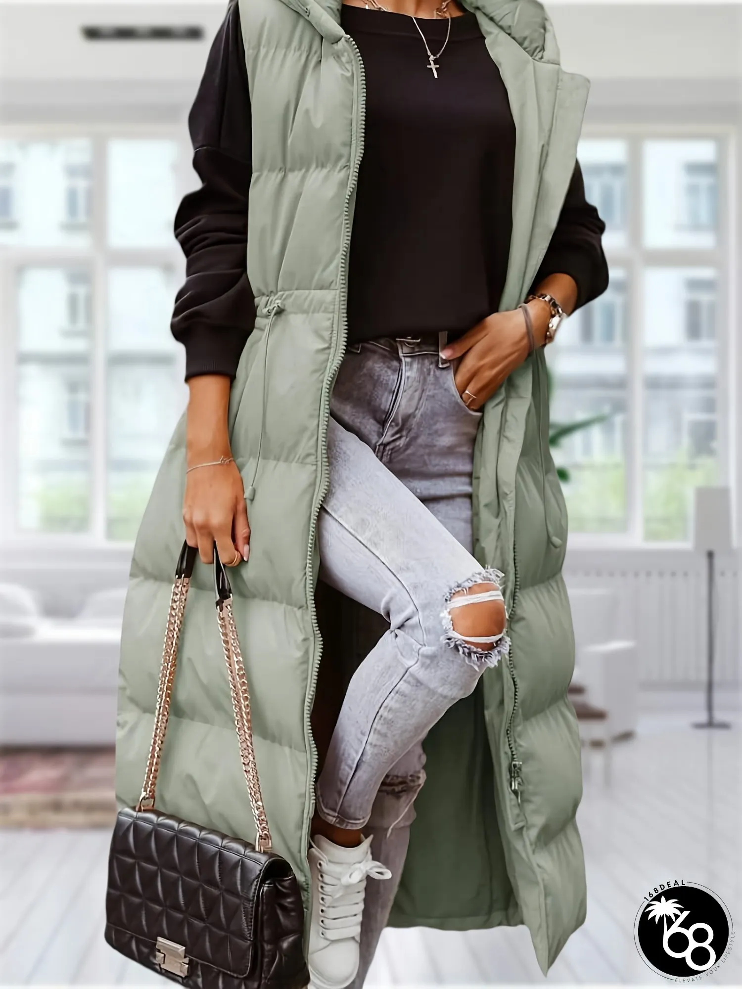 Womens Long Hooded Puffer Vest Maxi-Length Winter Coat with Pockets Sleeveless Jacket | 168DEAL