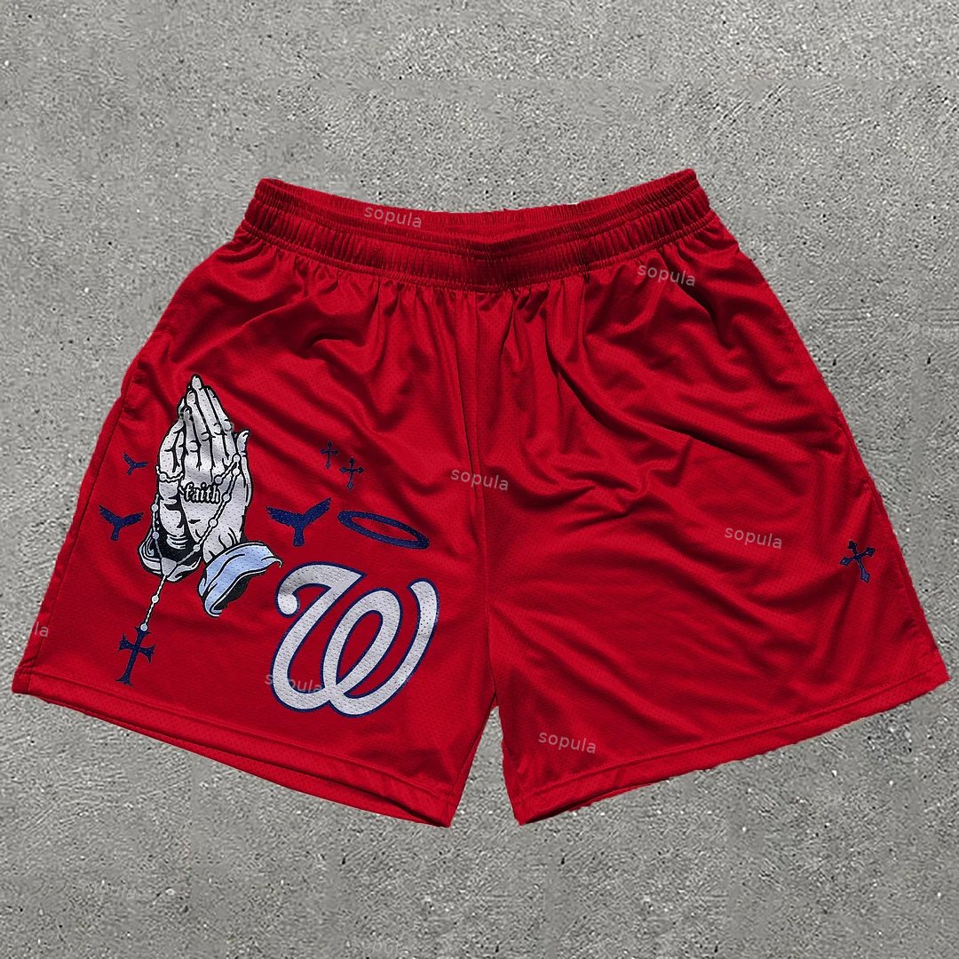 Sopula Praying Hands Print Graphic Men's Red Mesh Shorts
