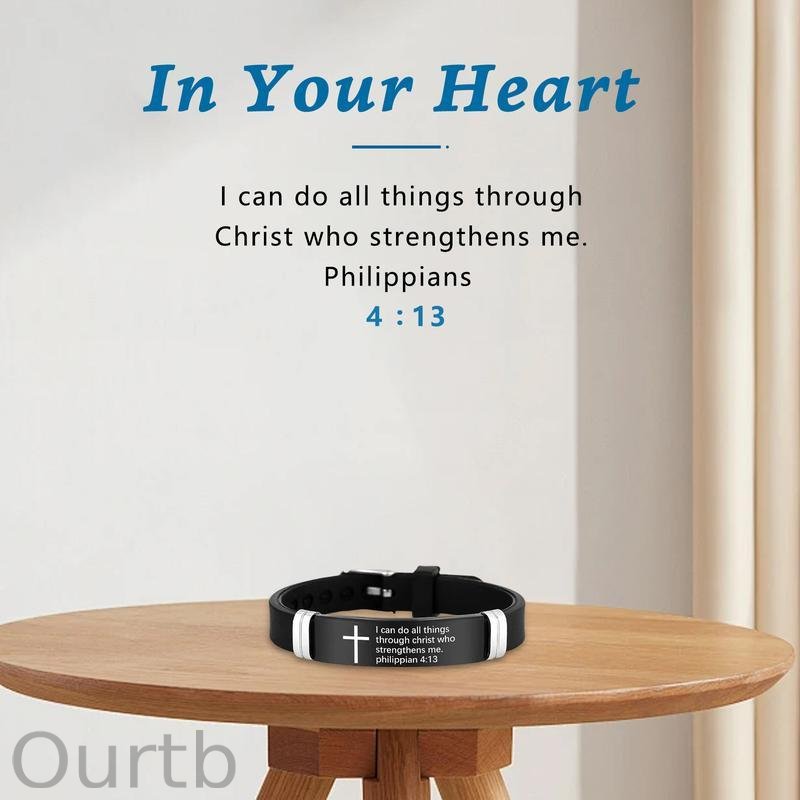 Cross Bracelet Inspirational Bible Quotes Faith Christian Silicone ID Wristband Religious Gift Men and Women Stainless Steel Rubber Adjustable Bracelet