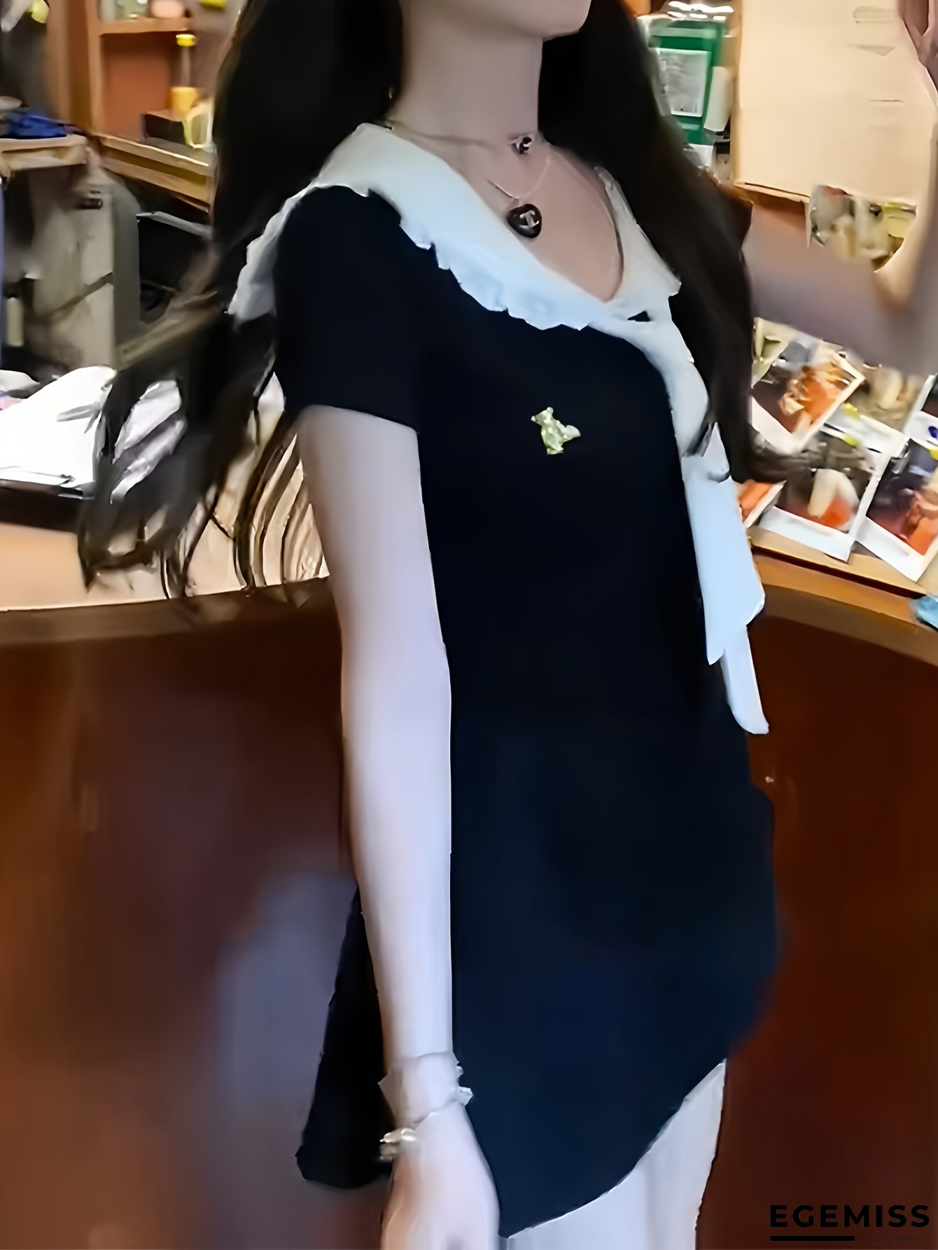 Women's Korean Style Summer Casual Short Sleeve Round Neck Puff Sleeve Wrap Waist Skirt - Black & White Contrast, Fluffy Trim, Fitted Silhouette for Office & Casual Outfits | EGEMISS