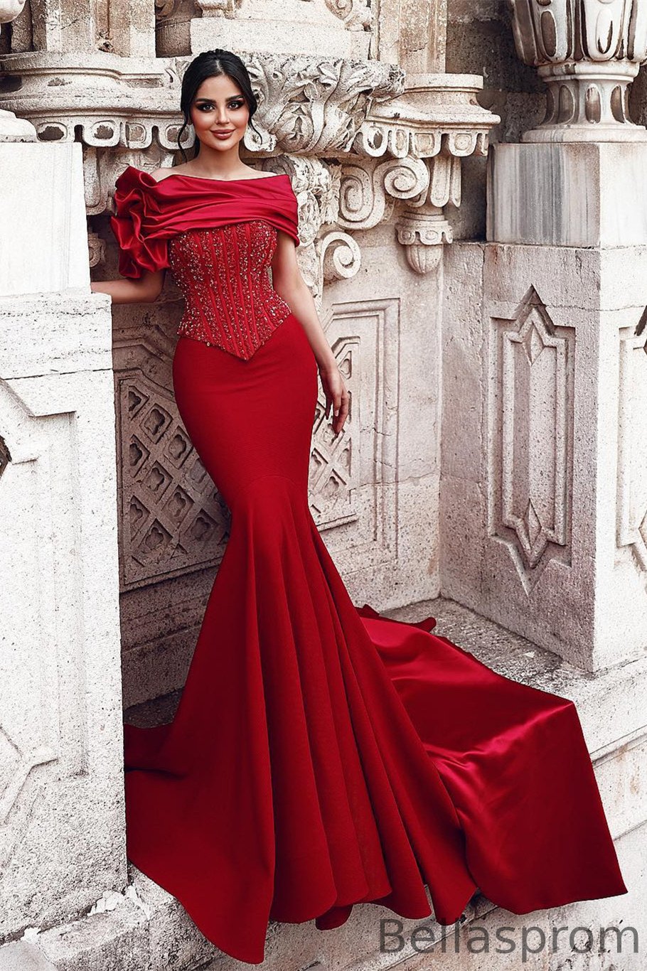 Bellasprom Red Off-The-Shoulder Mermaid Prom Dress With Beadings Bellasprom
