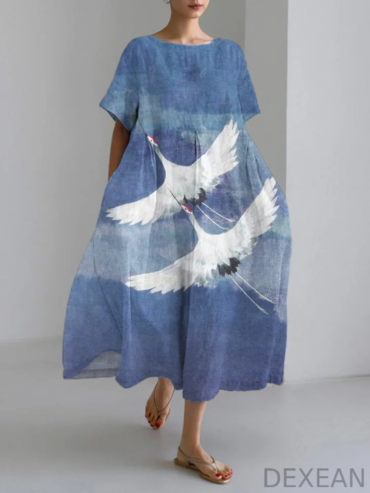 Fairy Crane Sky Japanese Print Linen Maxi Dress