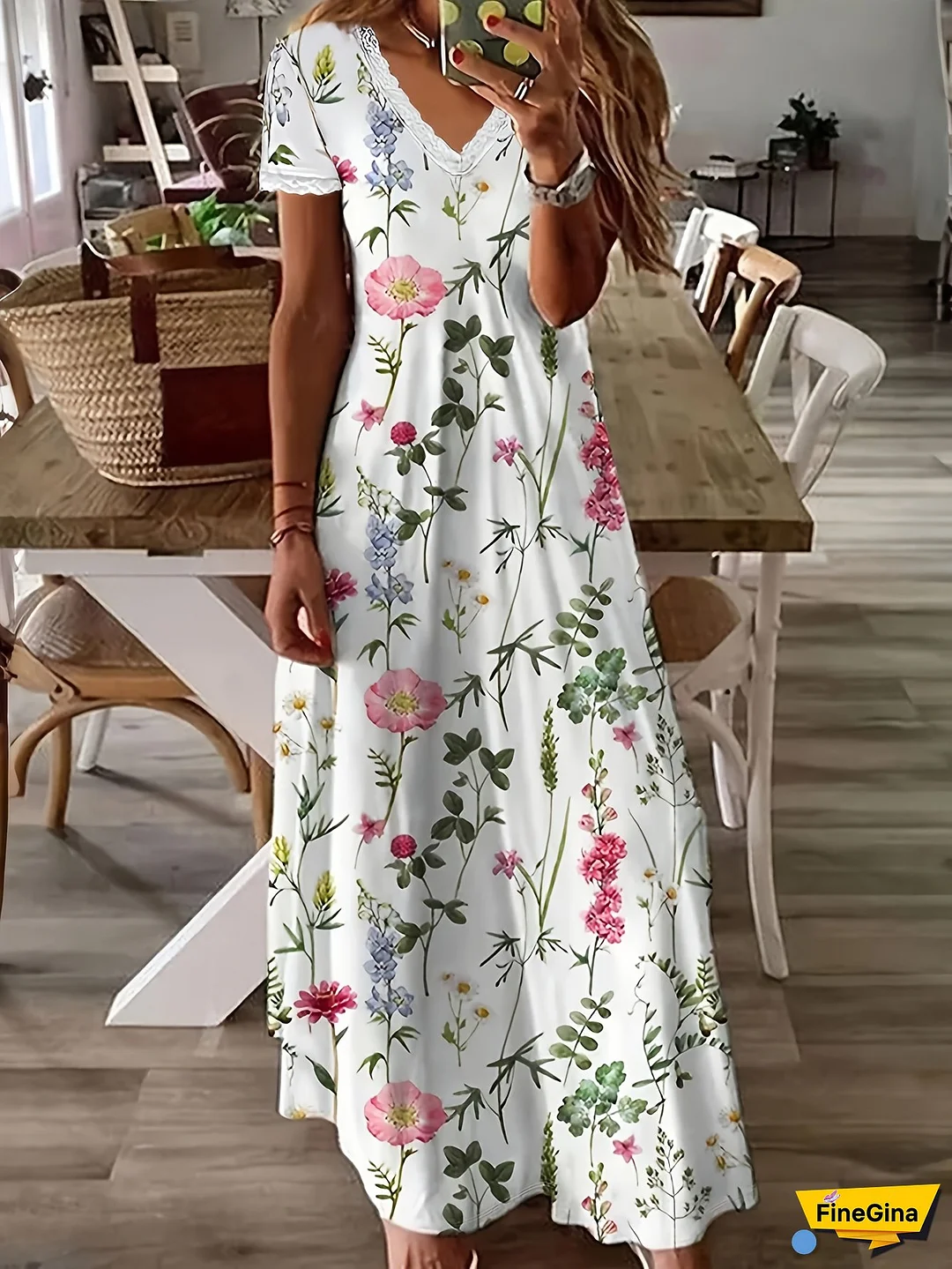 [Cute Summer Dress] Lightweight Breathable Floral Print Women's A-Line Dress | V-Neck Casual Summer Dress With Lace Trim - Machine Washable For Vacation, Brunch & Beach Outings